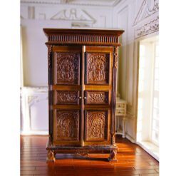 Victorian-style carved armoire in mahogany for dollhouse bedrooms.