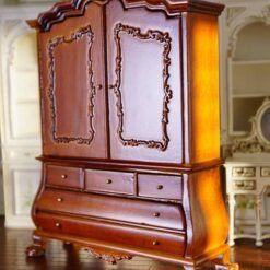 Mahogany Victorian wardrobe for dollhouses with intricate carvings