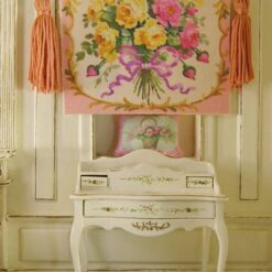 Bright yellow and pink roses surrounded by golden flourishes, a miniature Aubusson tapestry.