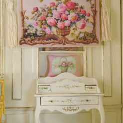 Romantic Floral Arrangement 10 Romantic floral arrangement with roses and vines in a golden vase, a miniature Aubusson tapestry.