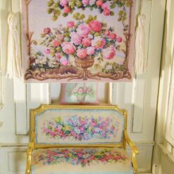 Romantic Floral Arrangement 12 Romantic floral arrangement with roses and vines in a golden vase, a miniature Aubusson tapestry.