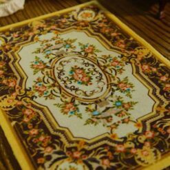 Miniature Gold Coffee Royal Aubusson Rug Luxury Design 9 Miniature royal Aubusson rug in gold coffee tones with ornate design.
