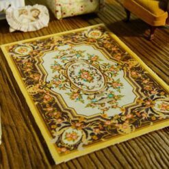 Miniature Gold Coffee Royal Aubusson Rug Luxury Design 11 Miniature royal Aubusson rug in gold coffee tones with ornate design.
