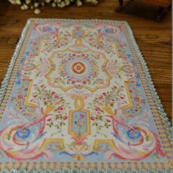 Light blue luxury French Aubusson miniature rug with floral motifs, perfect for elegant dollhouses.