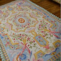 Light Blue French Aubusson Miniature Rug 11 Light blue luxury French Aubusson miniature rug with floral motifs, perfect for elegant dollhouses.