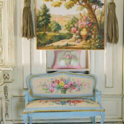Countryside Bliss with Roses 10 ď‚·Countryside scene with golden urn, roses, and lush greenery in a miniature Aubusson tapestry.