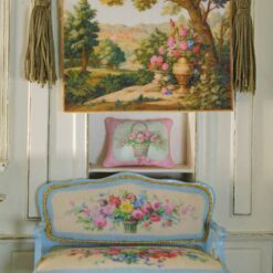 Countryside Bliss with Roses 12 ď‚·Countryside scene with golden urn, roses, and lush greenery in a miniature Aubusson tapestry.