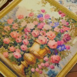 Urn of Roses in Garden 10 Lush floral arrangement in a golden urn surrounded by a garden scene and framed with gold, a miniature Aubusson tapestry.