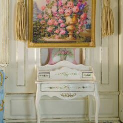 Urn of Roses in Garden 11 Lush floral arrangement in a golden urn surrounded by a garden scene and framed with gold, a miniature Aubusson tapestry.