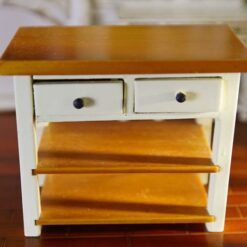 Miniature kitchen island with wooden top and white-painted base