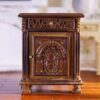 French miniature side table with ornate carvings and aged finish