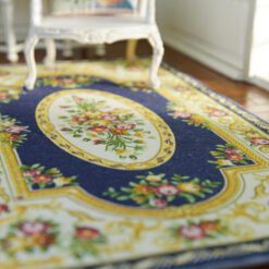 Navy floral Victorian rug with gold and floral accents