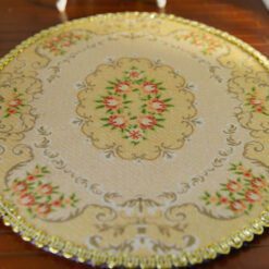 Aubusson miniature rug in oval shape with floral medallion and gold scrollwork
