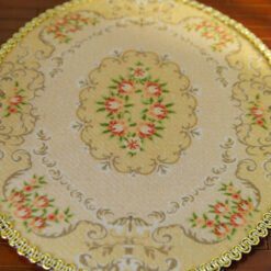 Aubusson miniature rug in oval shape with floral medallion and gold scrollwork