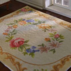 Victorian Rococo miniature rug with pink roses and gold swirls