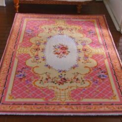 Victorian Rococo miniature rug with pink and aqua floral design