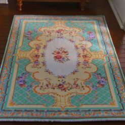 Victorian Rococo miniature rug with aqua background and floral design