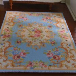 Victorian Rococo miniature rug with blue floral and gold scrollwork