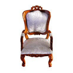 Rococo-style dollhouse miniature armchair with white upholstery and mahogany wood frame