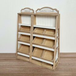Dollhouse fruit and vegetable display racks in narrow and wide designs