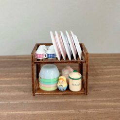 Miniature dish rack with plates and cups for dollhouses