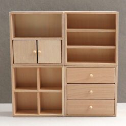 Set of four miniature wooden cabinets in various finishes for dollhouse storage