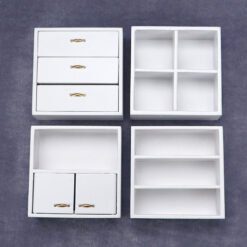 Set of four miniature wooden cabinets in various finishes for dollhouse storage