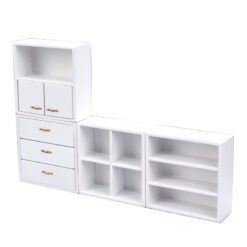 Set of four miniature wooden cabinets in various finishes for dollhouse storage