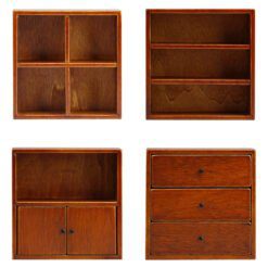 Set of four miniature wooden cabinets in various finishes for dollhouse storage