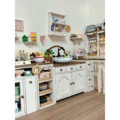 Dollhouse wall-mounted shelf kit with four unique vintage designs.