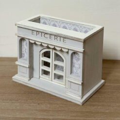 Dollhouse Miniature Grocery Store Display Ki 7 A miniature grocery store display for dollhouses with detailed wallpaper.