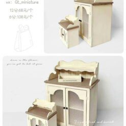 A French-inspired vintage dollhouse sideboard with glass doors.
