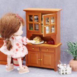 Miniature dollhouse hutch with glass-paneled doors and drawers