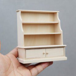 Unfinished wooden display cabinet with shelves and drawers for dollhouses.