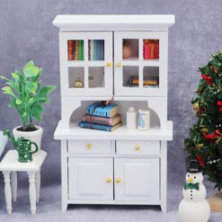 Miniature white hutch cabinet with glass doors and storage compartments.