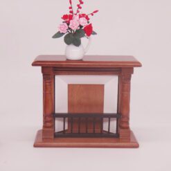 Walnut Colonial-style miniature dollhouse fireplace with decorative pillars