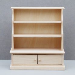Unfinished wooden display cabinet with shelves and drawers for dollhouses.