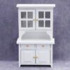 Miniature white hutch cabinet with glass doors and storage compartments.