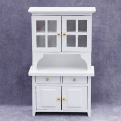 Miniature white hutch cabinet with glass doors and storage compartments.