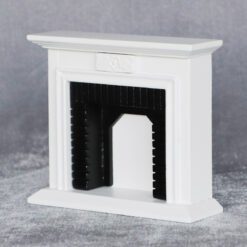 White Scandinavian style dollhouse fireplace with black interior and floral motif
