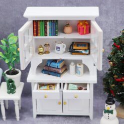 Miniature white hutch cabinet with glass doors and storage compartments.