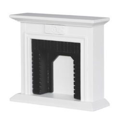 White Scandinavian style dollhouse fireplace with black interior and floral motif