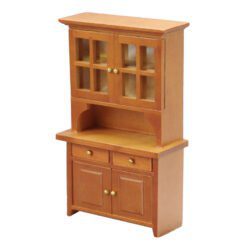 Miniature dollhouse hutch with glass-paneled doors and drawers