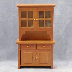 Miniature dollhouse hutch with glass-paneled doors and drawers