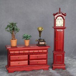 Empire-style miniature grandfather clock for dollhouse in red and brown finishes