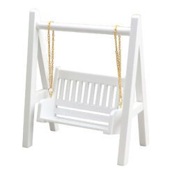 Miniature swing with a white frame and golden chains