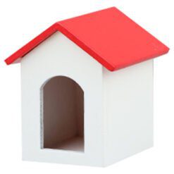 Miniature dog house model with red roof and white walls