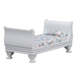 Miniature wooden bed with striped bedding for dollhouse