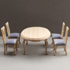 Miniature round dining table and four chairs with blue fabric