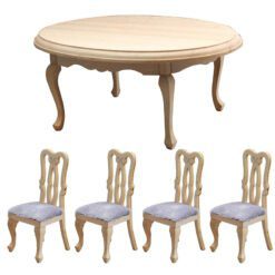 Miniature round dining table and four chairs with blue fabric